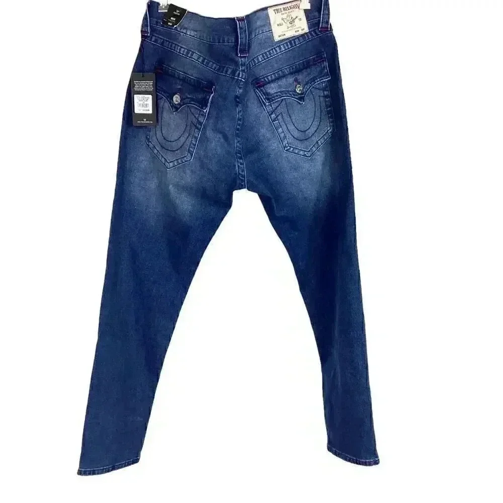 True Religion Rocco Men 38 Relaxed Skinny Jeans Blue Stretch Flap Pockets NEW